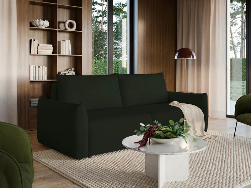 Dreisitziges ausklappbares Sofa Theolla mit Stauraum, grün Chenille