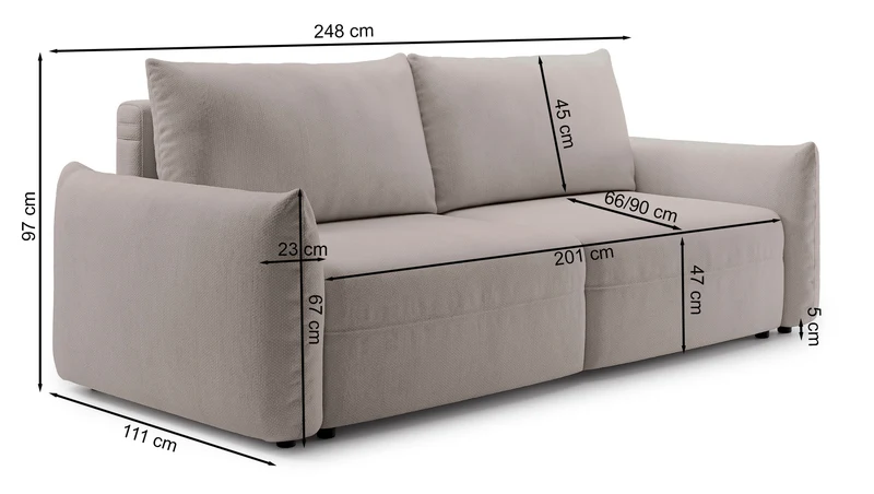 Dreisitziges ausklappbares Sofa Theolla mit Stauraum, hellbeiger Chenillestoff