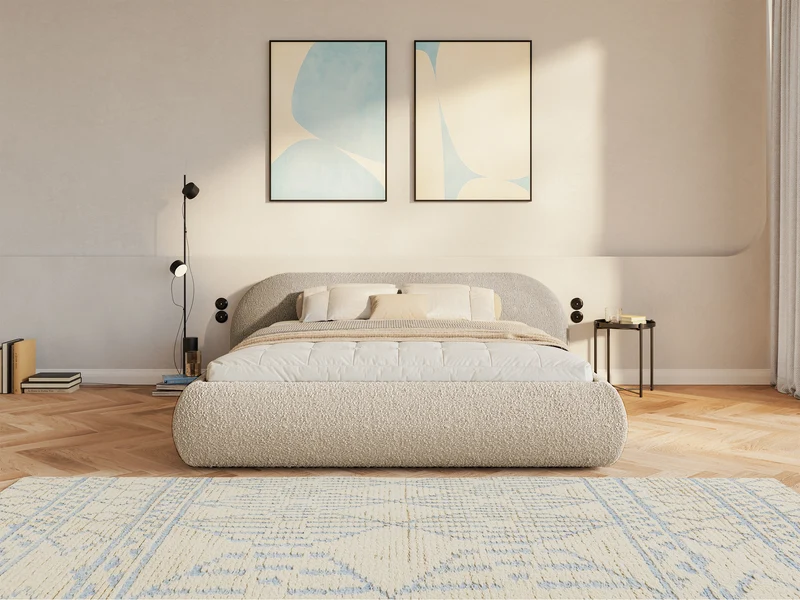 Polsterbett 160x200 cm Shels Low mit Stauraum, Metallrahmen, hellbeige Bouclé