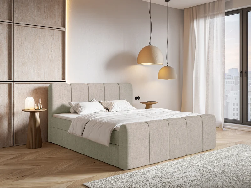 Kontinentales Bett 160x200 cm Cloudy II mit Stauraum und Topper, grau-brauner hydrophober Chenillestoff