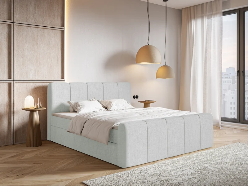Kontinentalbett 200x200 cm Cloudy II mit Stauraum und Topper, hellgrauer Chenille-Stoff, hydrophob