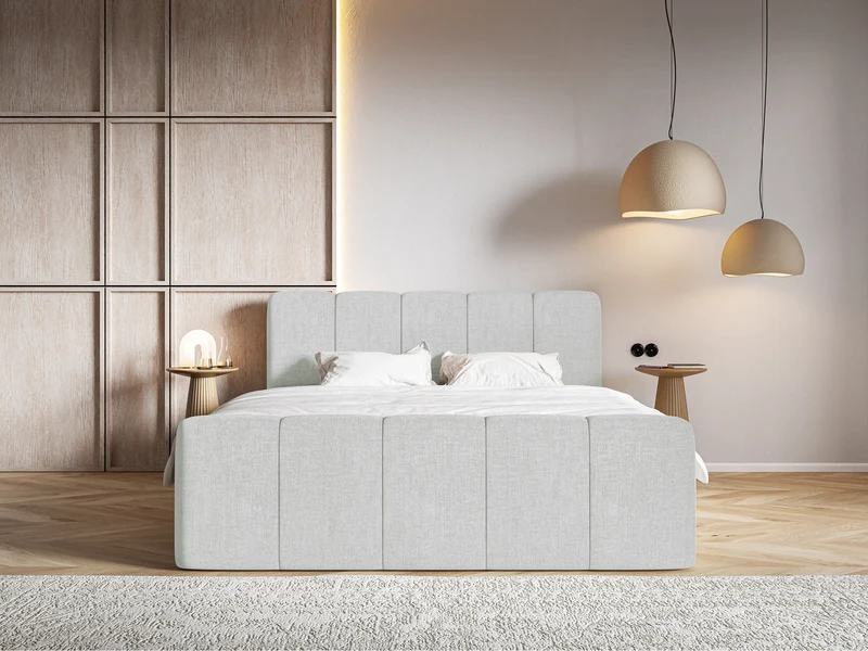 Kontinentalbett 200x200 cm Cloudy II mit Stauraum und Topper, hellgrauer Chenille-Stoff, hydrophob