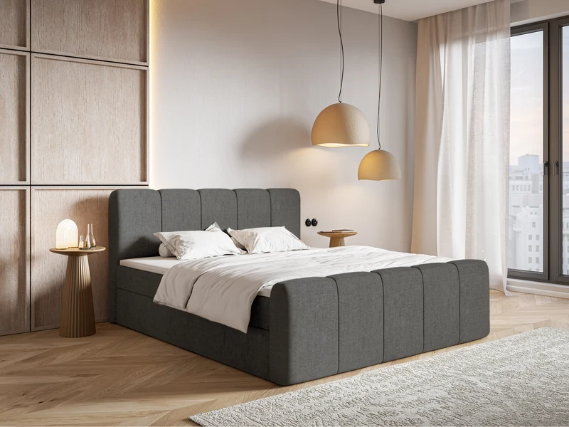 Kontinentales Bett 200x200 cm Cloudy II mit Stauraum und Topper, dunkelgrauer hydrophober Chenillestoff