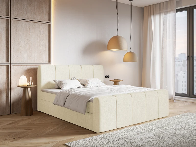 Kontinentales Bett 180x200 cm Cloudy II mit Stauraum und Topper, cremefarbenes hydrophobes Chenille