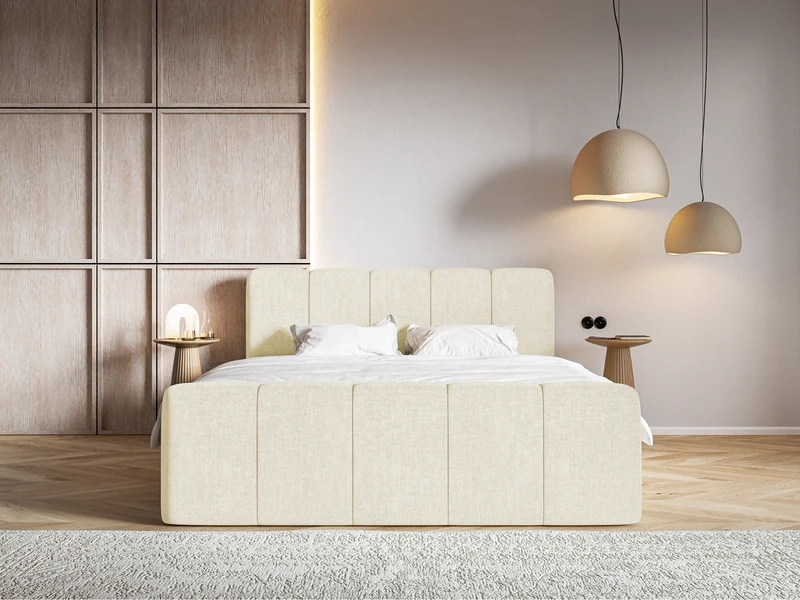 Kontinentales Bett 180x200 cm Cloudy II mit Stauraum und Topper, cremefarbenes hydrophobes Chenille