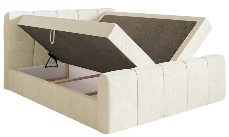 Kontinentales Bett 180x200 cm Cloudy II mit Stauraum und Topper, cremefarbenes hydrophobes Chenille
