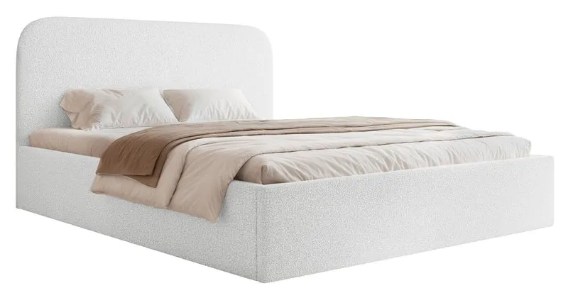 Gepolstertes Bett 140x200 cm Sonvivo mit Bettkasten, weißes Bouclé, Metallrahmen