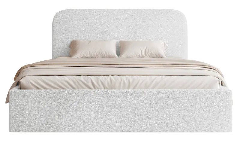 Gepolstertes Bett 140x200 cm Sonvivo mit Bettkasten, weißes Bouclé, Metallrahmen