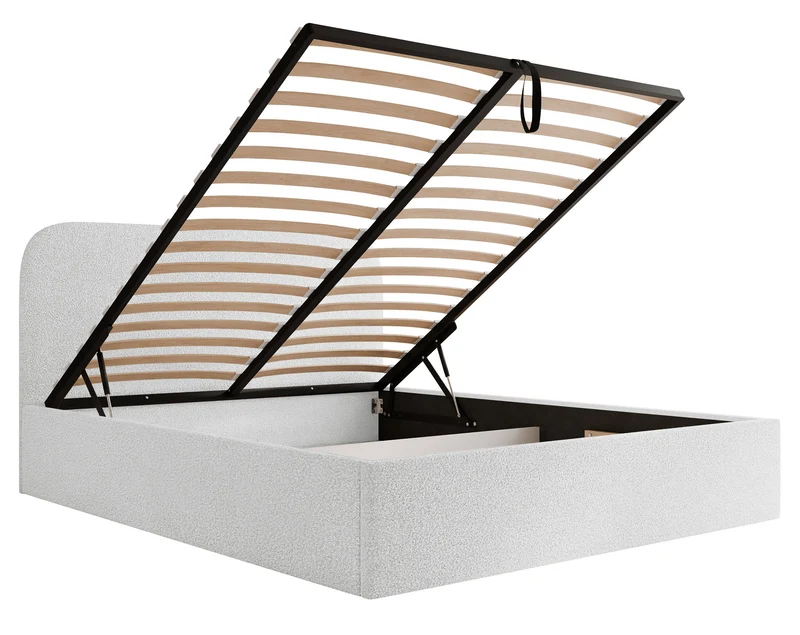 Gepolstertes Bett 140x200 cm Sonvivo mit Bettkasten, weißes Bouclé, Metallrahmen