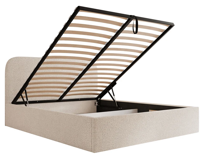 Polsterbett 180x200 cm Sonvivo mit Bettkasten, cremefarbenes Bouclé, Metallrahmen