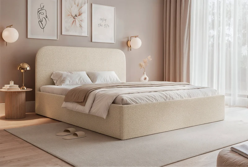 Polsterbett 180x200 cm Sonvivo mit Bettkasten, hellbeige Bouclé, Metallrahmen