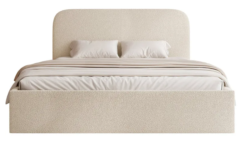 Polsterbett 180x200 cm Sonvivo mit Bettkasten, hellbeige Bouclé, Metallrahmen