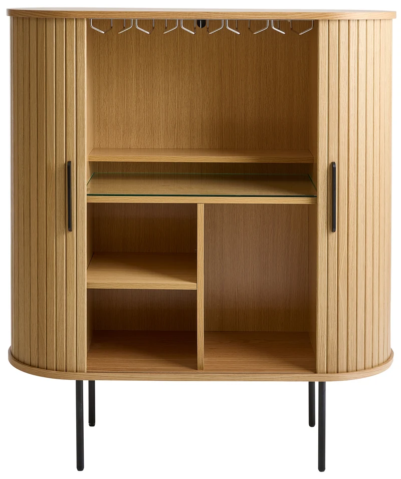 Hohe Kommode Gativel 100 cm mit Gläserhaltern, Lamellen in natürlicher Eiche