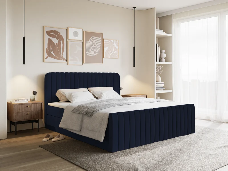 Kontinentalbett 160x200 cm Saliano mit Stauraum und Topper, Samt in Marineblau