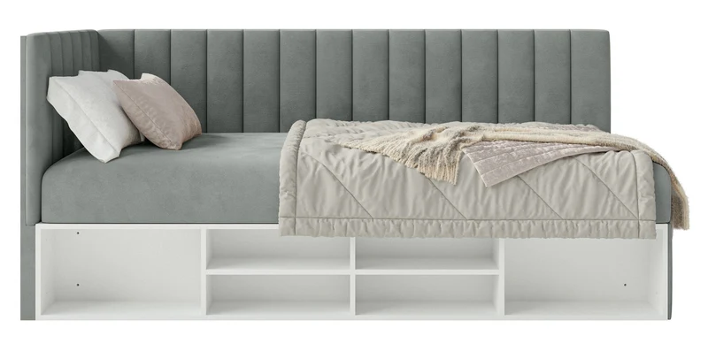Jugendbett 90x200 cm Ventrio linksseitig mit Stauraum und Regalen, grauer Velours, wasserabweisend und leicht zu reinigen