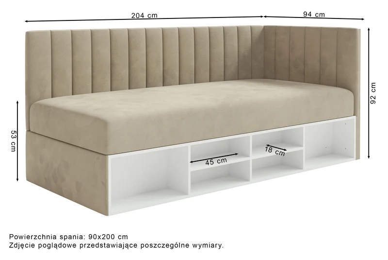 Jugendbett 90x200 cm Ventrio linksseitig mit Stauraum und Regalen, grauer Velours, wasserabweisend und leicht zu reinigen