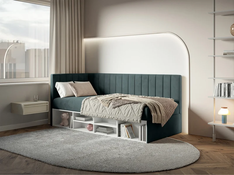 Jugendbett 90x200 cm Ventrio linksseitig mit Stauraum und Regalen, blau-grau, Velours, wasserabweisend und leicht zu reinigen
