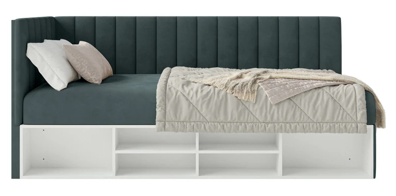 Jugendbett 90x200 cm Ventrio linksseitig mit Stauraum und Regalen, blau-grau, Velours, wasserabweisend und leicht zu reinigen