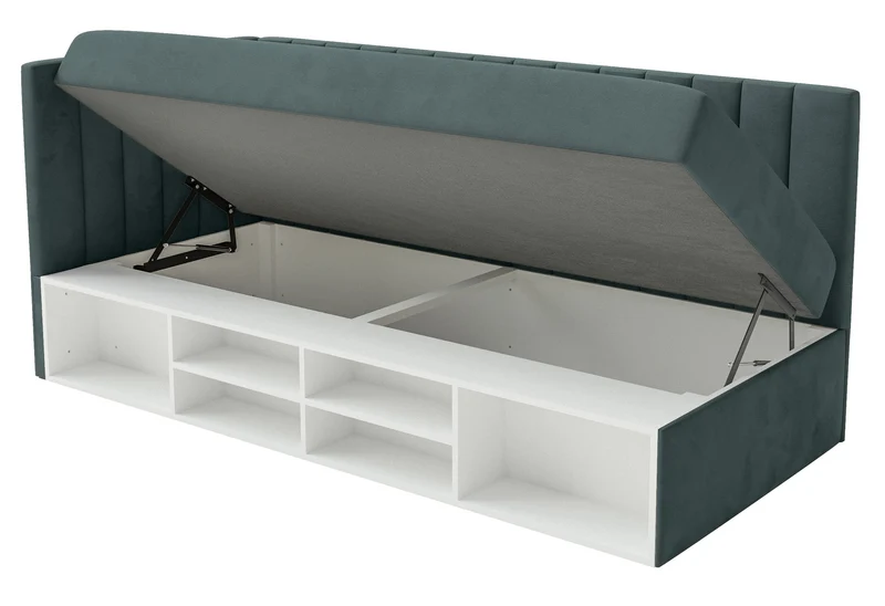 Jugendbett 90x200 cm Ventrio linksseitig mit Stauraum und Regalen, blau-grau, Velours, wasserabweisend und leicht zu reinigen