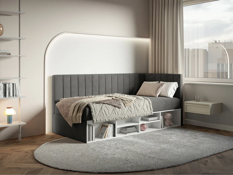Jugendbett 90x200 cm Ventrio rechtsseitig mit Stauraum und Regalen, dunkelgrauer Samt, wasserabweisend und leicht zu reinigen