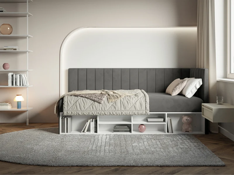Jugendbett 90x200 cm Ventrio rechtsseitig mit Stauraum und Regalen, dunkelgrauer Samt, wasserabweisend und leicht zu reinigen