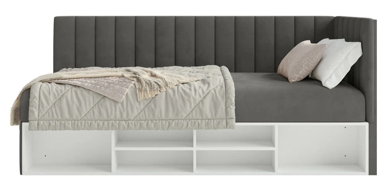 Jugendbett 90x200 cm Ventrio rechtsseitig mit Stauraum und Regalen, dunkelgrauer Samt, wasserabweisend und leicht zu reinigen