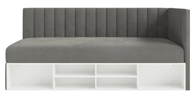 Jugendbett 90x200 cm Ventrio rechtsseitig mit Stauraum und Regalen, dunkelgrauer Samt, wasserabweisend und leicht zu reinigen