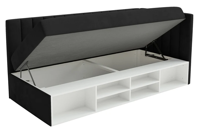 Jugendbett 90x200 cm Ventrio rechtsseitig mit Stauraum und Regalen, schwarzer Velours, wasserabweisend und leicht zu reinigen