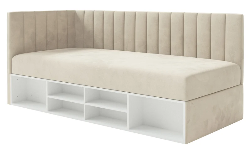 Jugendbett 90x200 cm Ventrio linksseitig mit Stauraum und Regalen, hellbeiger Velours, wasserabweisend und pflegeleicht