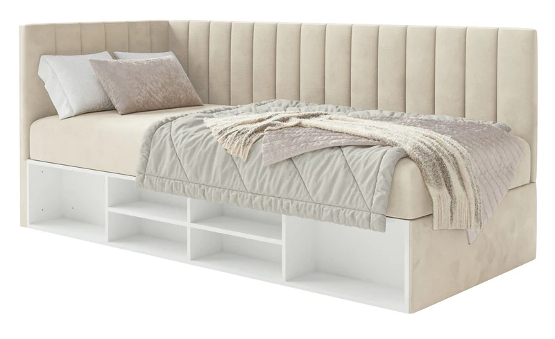 Jugendbett 90x200 cm Ventrio linksseitig mit Stauraum und Regalen, hellbeiger Velours, wasserabweisend und pflegeleicht