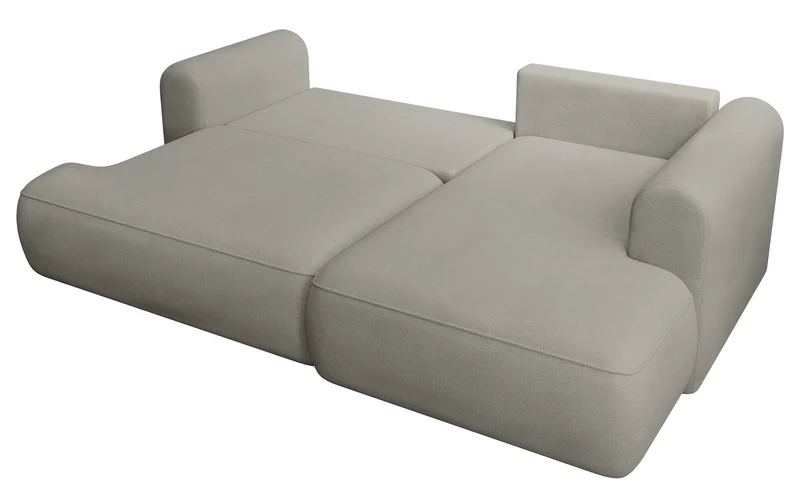 Ecksofa mit Schlaffunktion Ovo mini, L-förmig, rechtsseitig, mit Stauraum, hellgrauer, pflegeleichter Chenille-Stoff