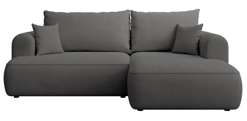 Ecksofa mit Schlaffunktion Ovo mini, L-förmig, rechtsseitig, mit Stauraum, dunkelgrauer Chenille-Stoff, pflegeleicht