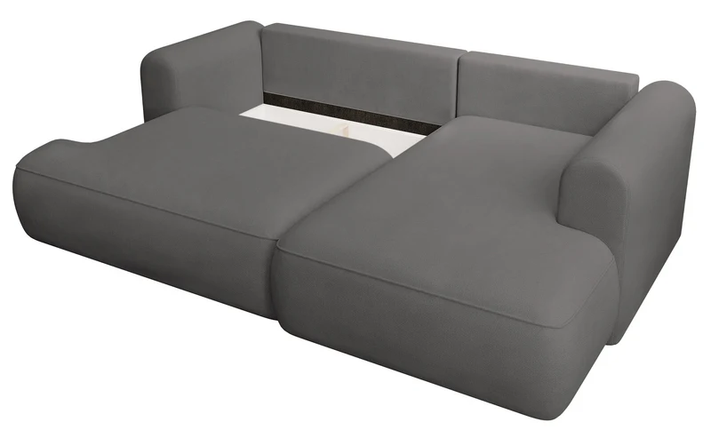 Ecksofa mit Schlaffunktion Ovo mini, L-förmig, rechtsseitig, mit Stauraum, dunkelgrauer Chenille-Stoff, pflegeleicht