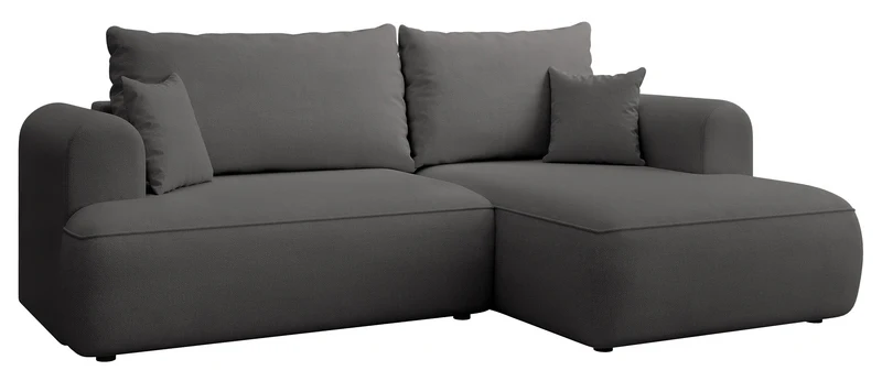 Ecksofa mit Schlaffunktion Ovo mini, L-förmig, rechtsseitig, mit Stauraum, dunkelgrauer Chenille-Stoff, pflegeleicht