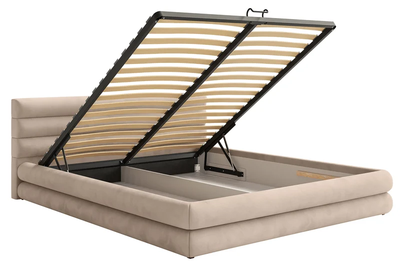 Polsterbett 160x200 cm Alegre mit Bettkasten, beige Velours, wasserabweisend, pflegeleicht, Metallrahmen