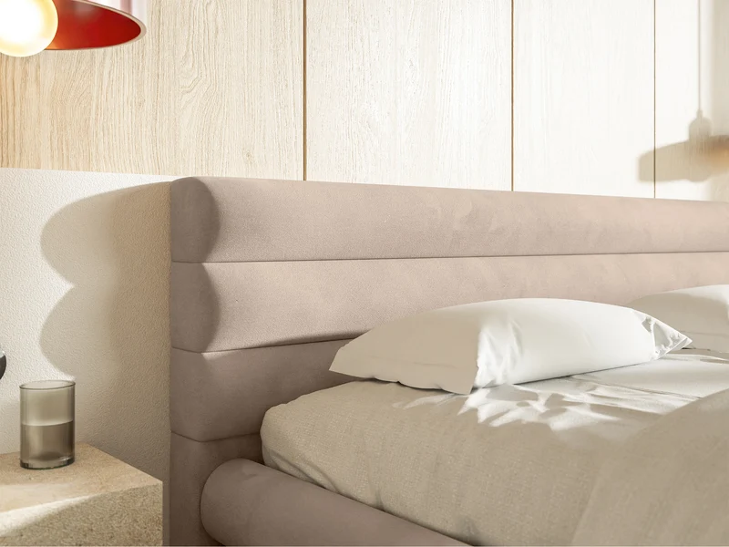 Polsterbett 160x200 cm Alegre mit Bettkasten, beige Velours, wasserabweisend, pflegeleicht, Metallrahmen