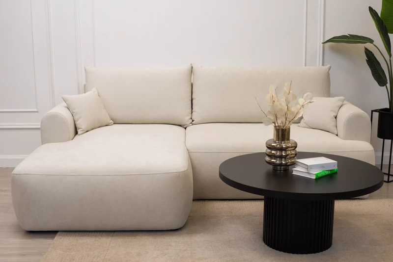 Ecksofa mit Schlaffunktion Ovo mini, L-förmig, linksseitig, mit Stauraum, cremefarben, pflegeleichter Chenille-Stoff