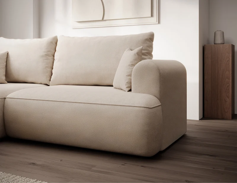 Ecksofa mit Schlaffunktion Ovo mini, L-förmig, linksseitig, mit Stauraum, cremefarben, pflegeleichter Chenille-Stoff