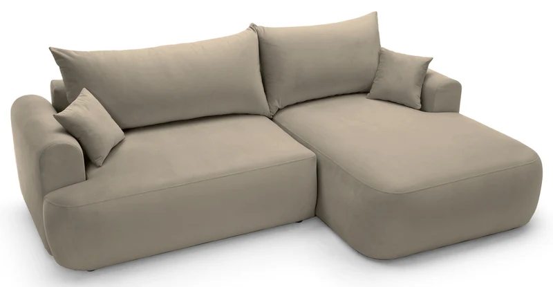 Ecksofa mit Schlaffunktion Ovo, L-förmig, rechtsseitig, mit Stauraum, grau-beiger, pflegeleichter Samtvelours