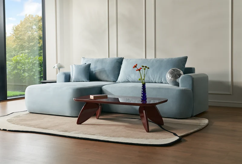 Ecksofa mit Schlaffunktion Ovo, L-förmig, linke Seite, mit Stauraum, hellblauer hydrophober Samt