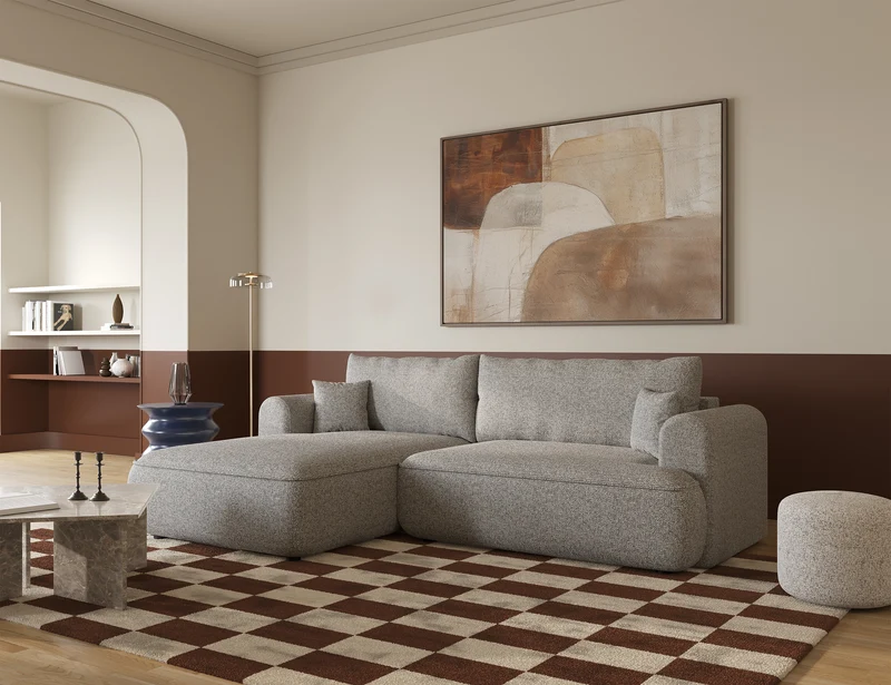 Ecksofa mit Schlaffunktion Ovo, L-förmig, grau-beige Geflecht, linksseitig