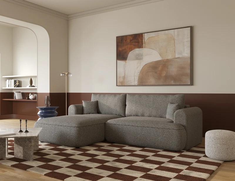 Ecksofa mit Schlaffunktion Ovo, L-förmig, dunkelbeige Flechtoptik, linksseitig