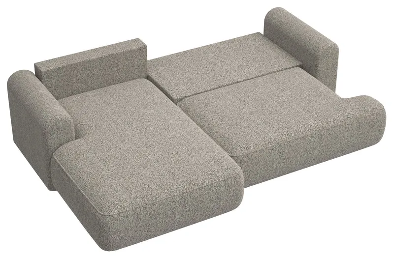 Ecksofa mit Schlaffunktion Ovo, L-förmig, dunkelbeige Flechtoptik, linksseitig