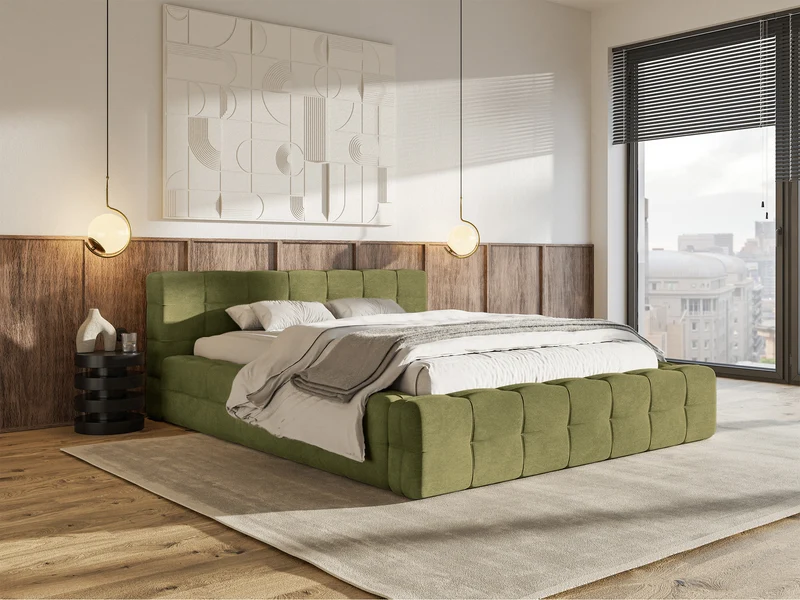 Gepolstertes Bett Puffly 180x200 cm mit Stauraum, Metallrahmen, olivgrüner Samt