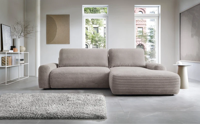 Ecksofa mit Schlaffunktion Alferia, L-förmig, mit Stauraum, hellbeige Cord, rechtsseitig