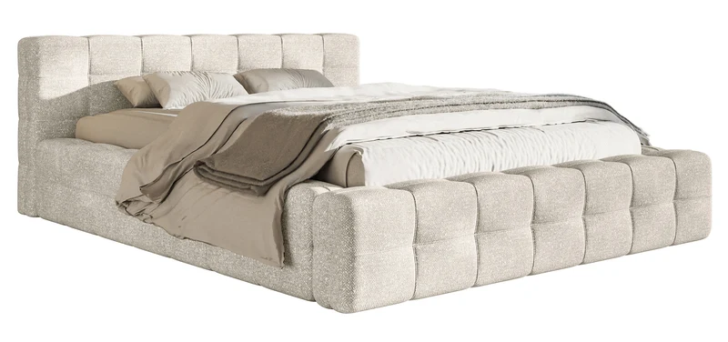 Polsterbett Puffly 140x200 cm mit Stauraum, Metallrahmen, cremefarbener Chenille-Bezug