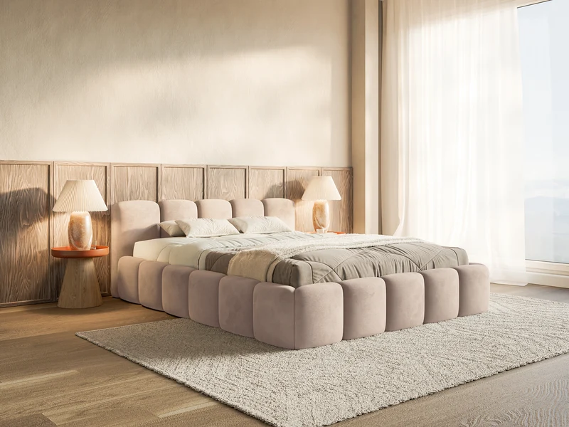 Polsterbett 200x200 cm Cloudy Low beige, wasserabweisender, pflegeleichter Velours, Holzrahmen