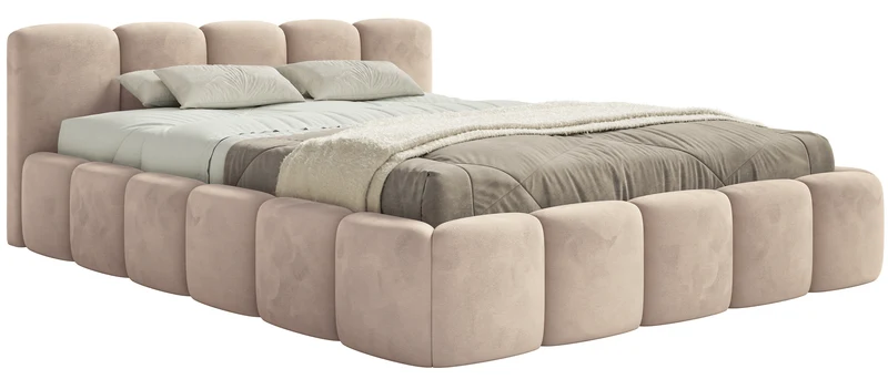 Polsterbett 200x200 cm Cloudy Low beige, wasserabweisender, pflegeleichter Velours, Holzrahmen