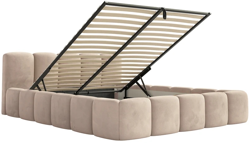 Polsterbett 180x200 cm Cloudy Low mit Bettkasten, beige, wasserabweisender, leicht zu reinigender Samt, Metallrahmen