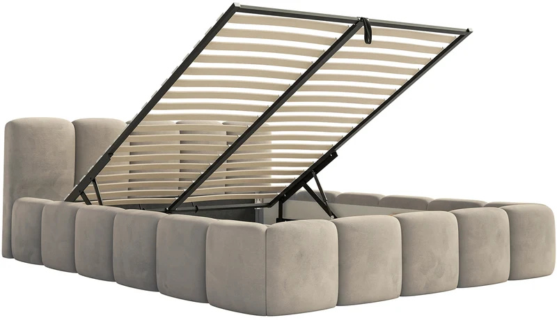 Polsterbett 180x200 cm Cloudy Low mit Stauraum, grau-beiger Velours, wasserabweisend, pflegeleicht, Metallrahmen